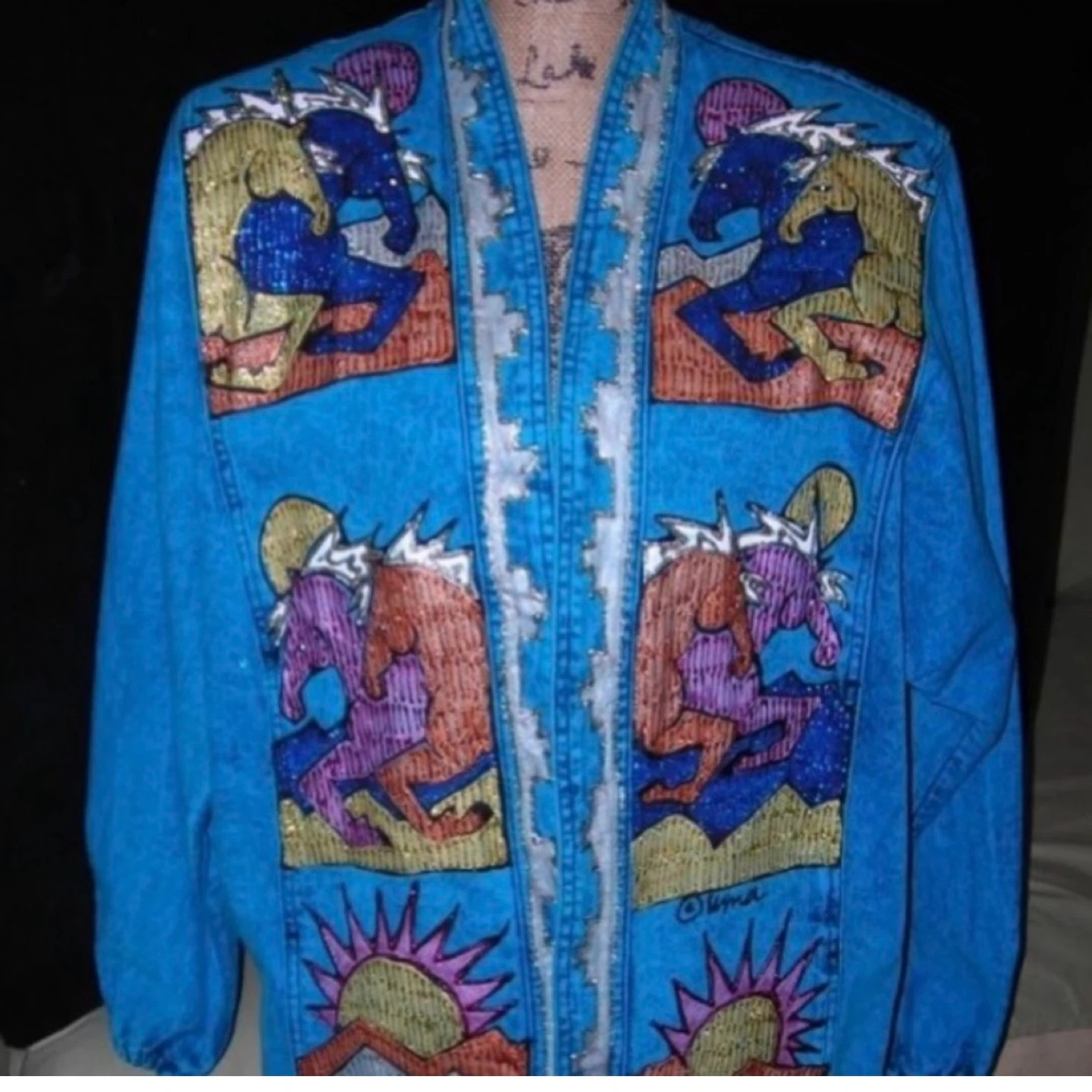 Uma Designs Handpainted Kokopelli &  horses Denim Jacket