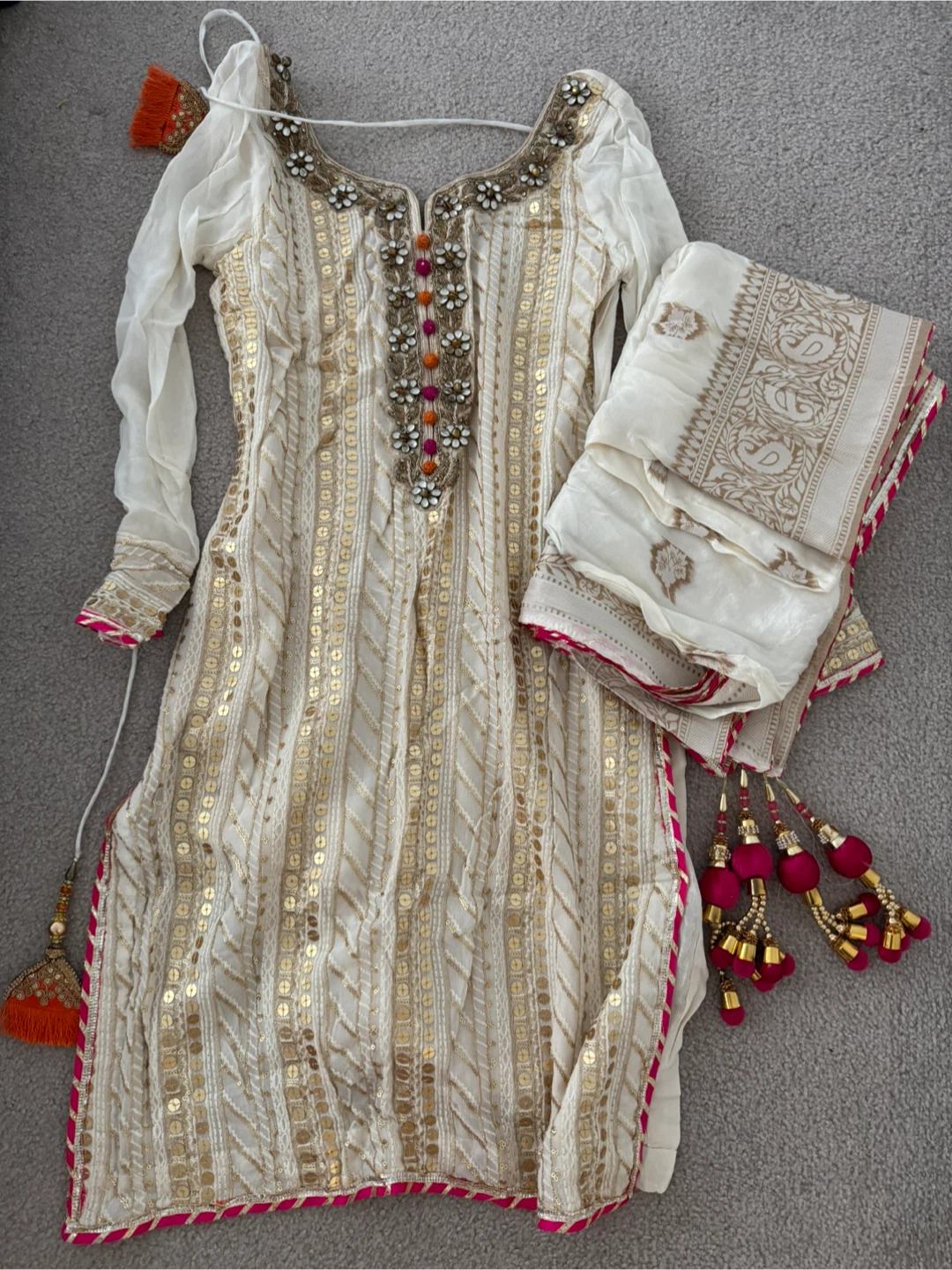 Cream and Gold Sequined Suit with Dupatta