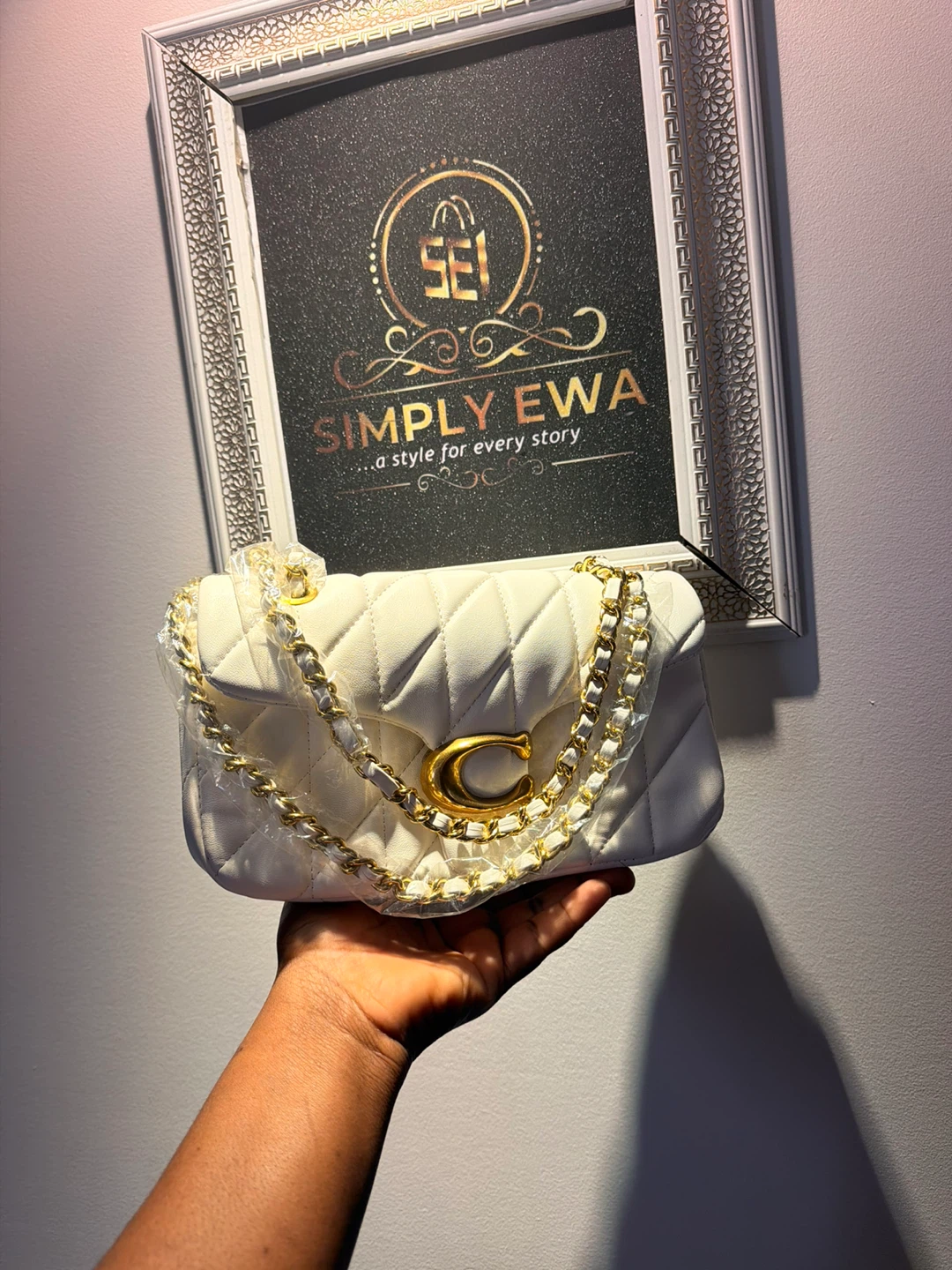 White Quilted Crossbody Bag with Gold Chain