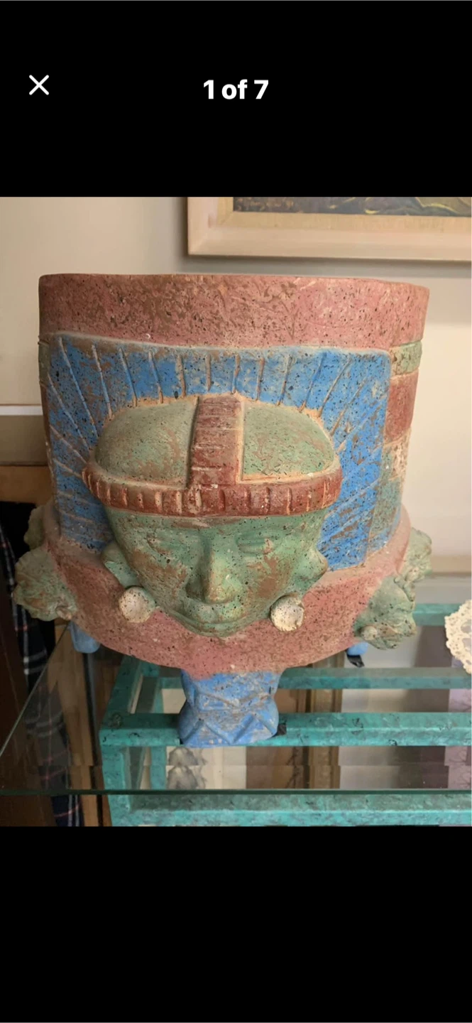 Mayan style Terracotta Planter /urn with Decorative Faces