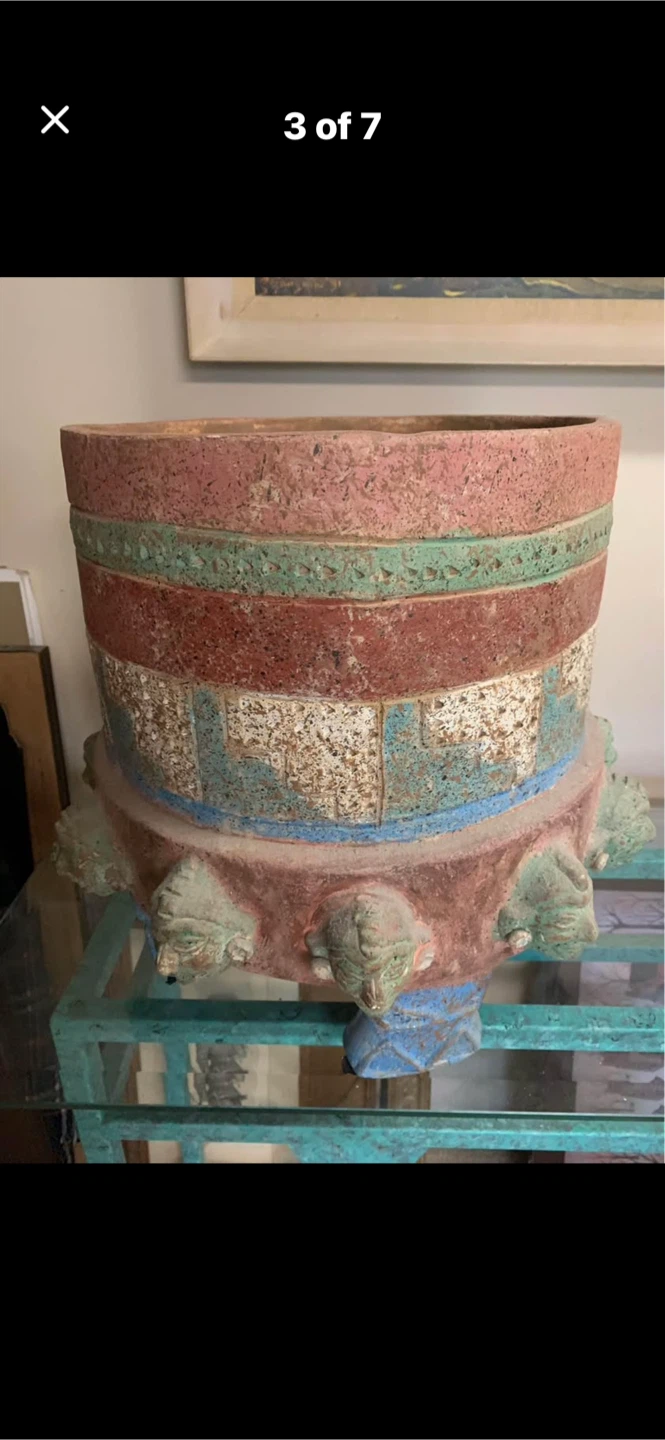Mayan style Terracotta Planter /urn with Decorative Faces - photo 3