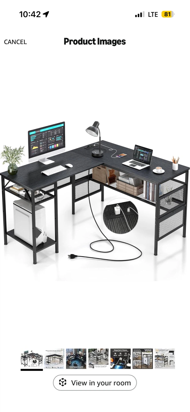 L Shaped Desk with Power Outlet and Storage Shelves