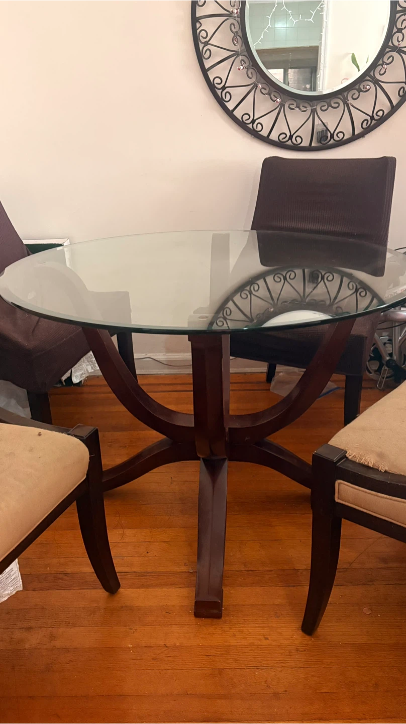 Round Glass Top Dining Table with Wooden Base - photo 2