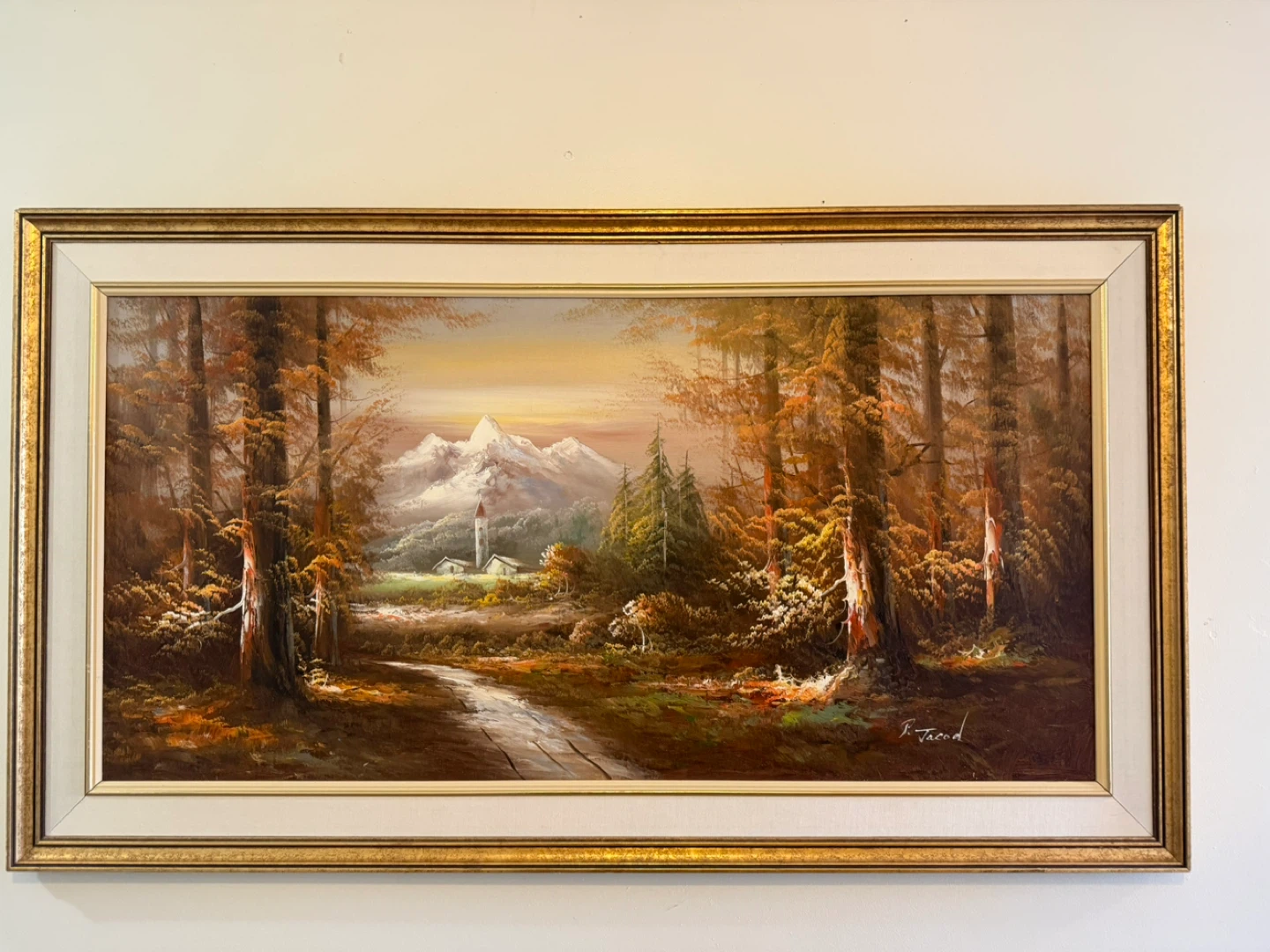 Framed Oil Painting: Mountain Landscape with Church