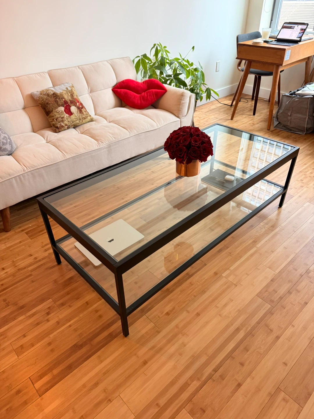 Glass Top Coffee Table with Black Metal Frame