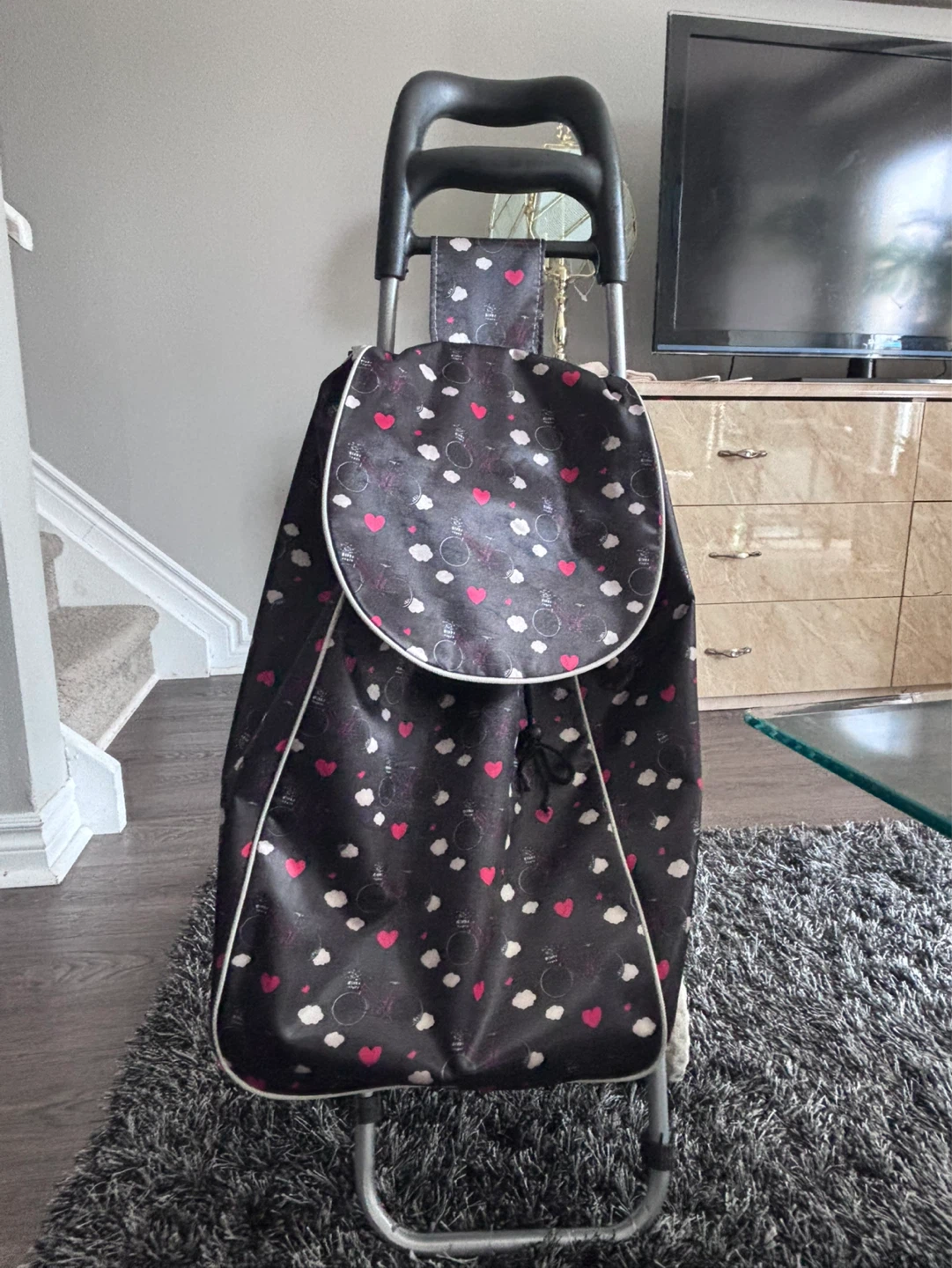 Shopping Trolley Bag - Black with Hearts & Clouds