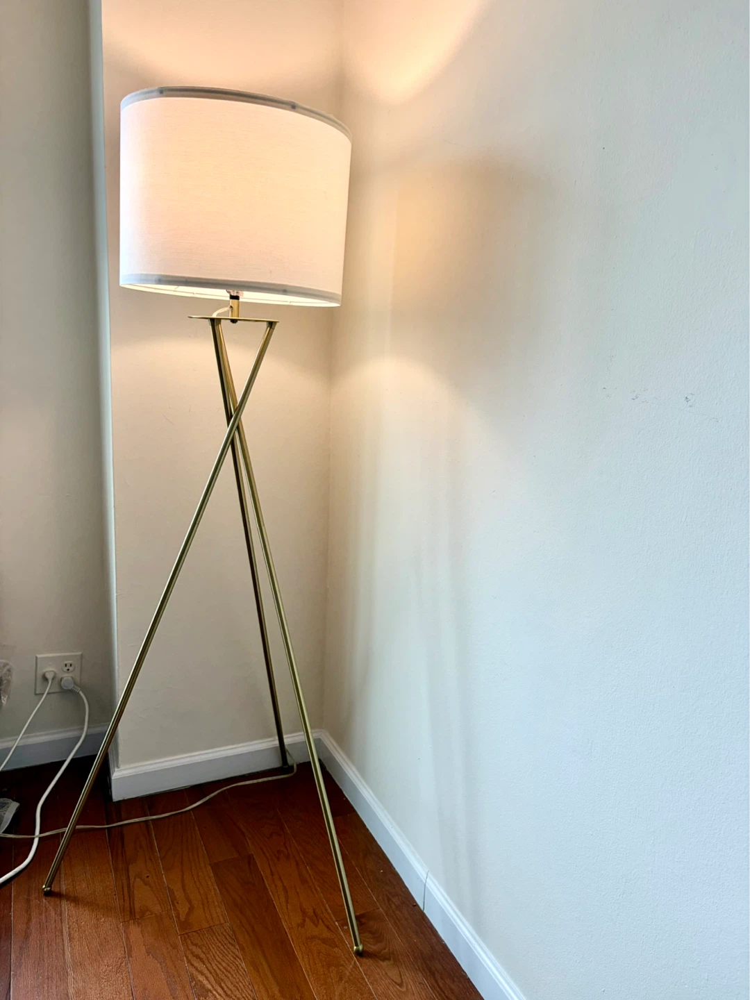 Brass Tripod Floor Lamp with White Drum Shade