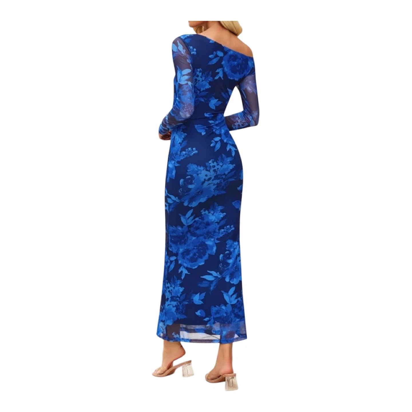 Zesica Blue Floral Mesh Ruched Long Sleeve Maxi Dress Size M - photo 2