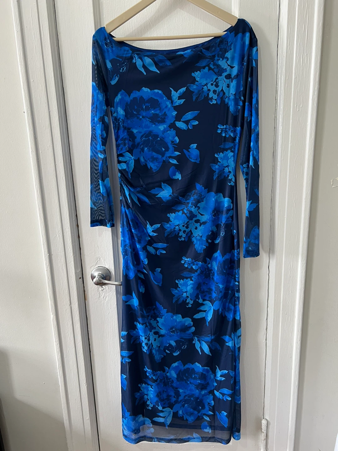 Zesica Blue Floral Mesh Ruched Long Sleeve Maxi Dress Size M - photo 3
