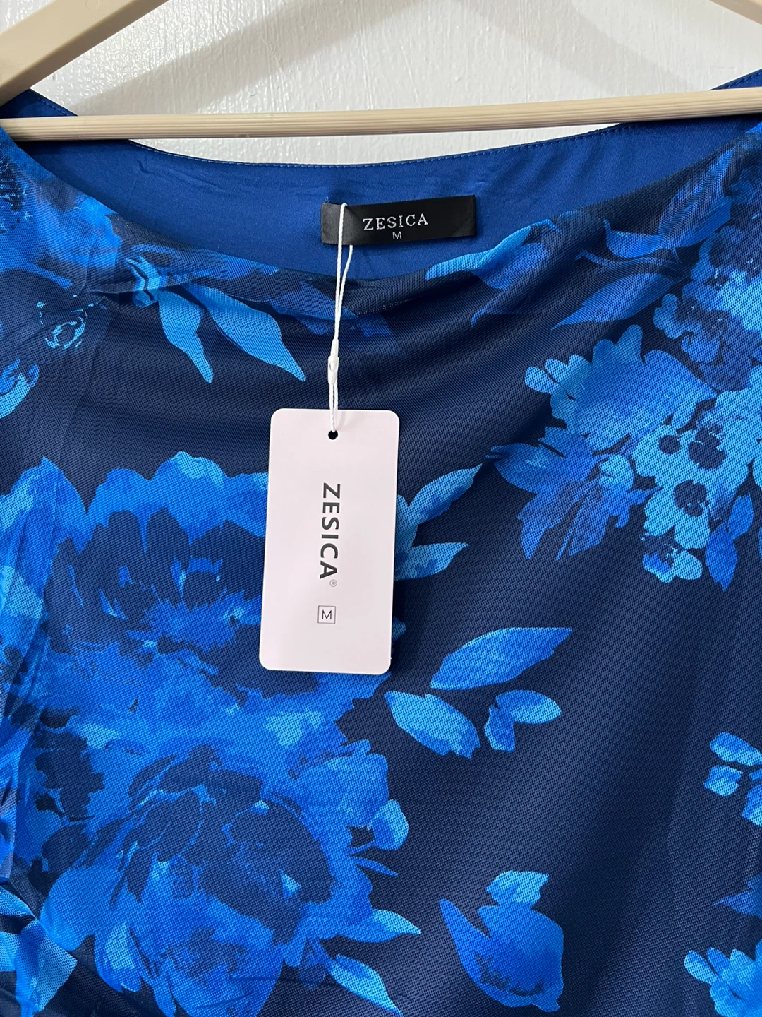 Zesica Blue Floral Mesh Ruched Long Sleeve Maxi Dress Size M - photo 4