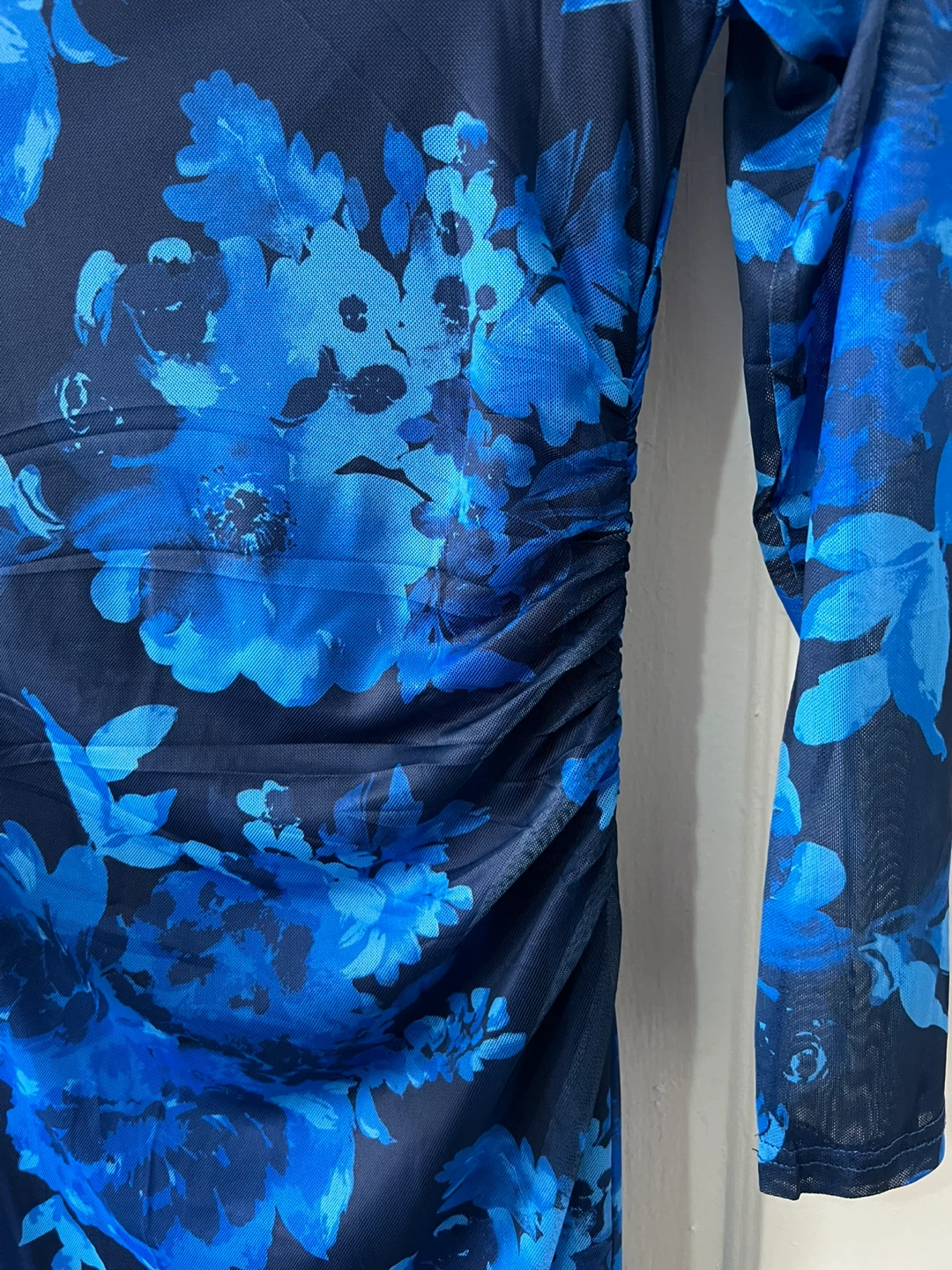 Zesica Blue Floral Mesh Ruched Long Sleeve Maxi Dress Size M - photo 5