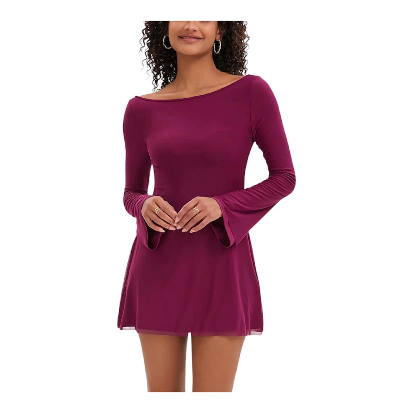 Topcloset Burgundy Long Sleeve Mesh Mini Dress