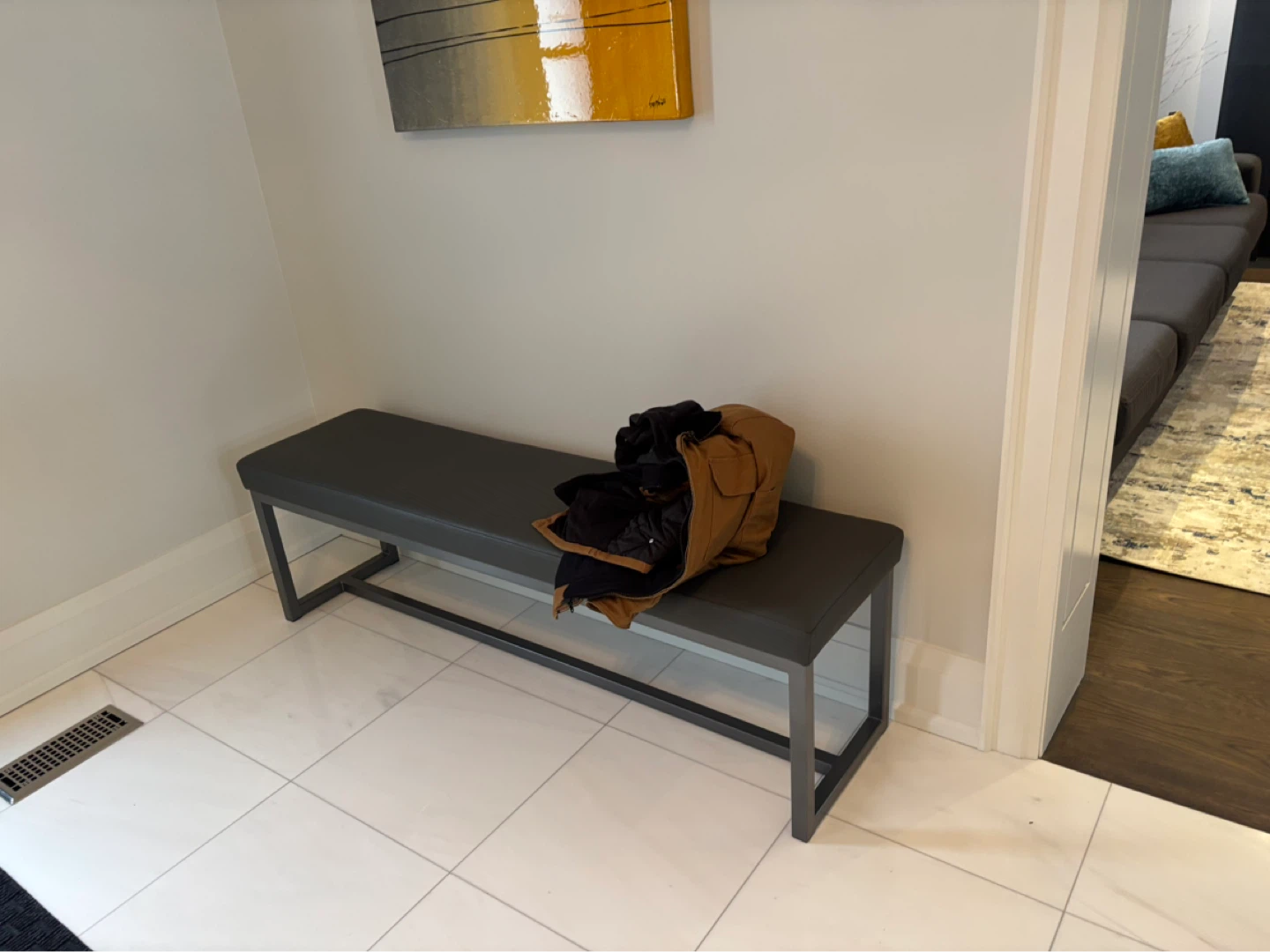 Dark Grey Upholstered Bench with metal Frame
