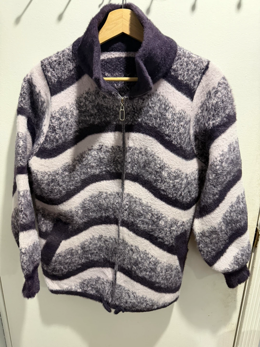 Fuzzy Striped Zip-Up Jacket