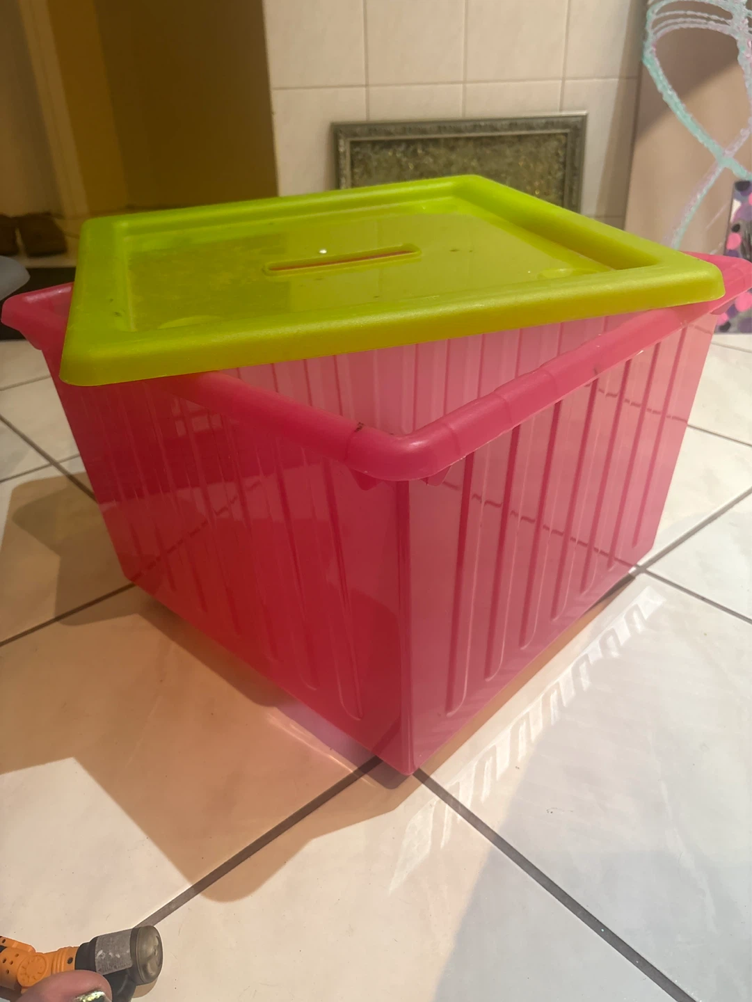 Plastic Storage Bin with Lid - Pink and Green - photo 2