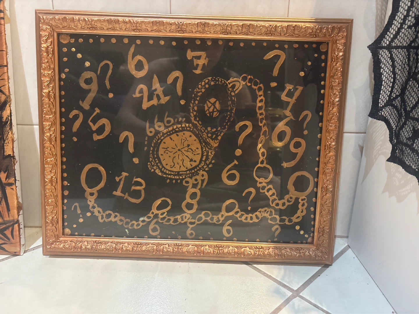 Framed Artwork with Pocket Watch and Numbers