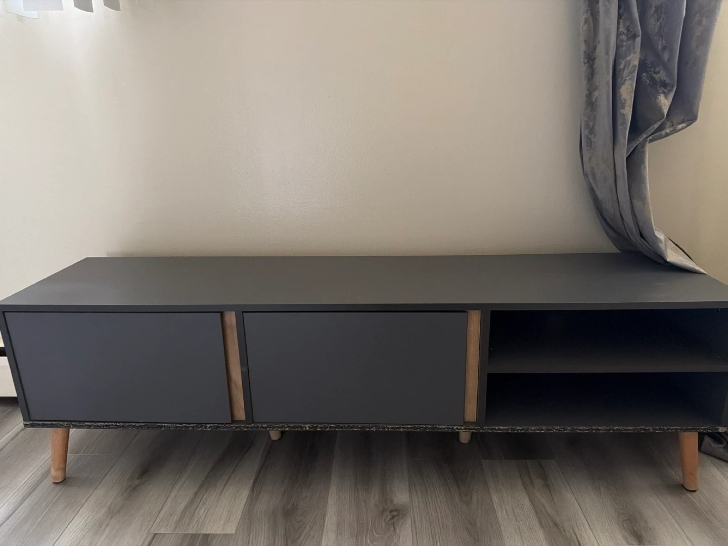 Modern Dark Grey TV Stand with Wood Accents
