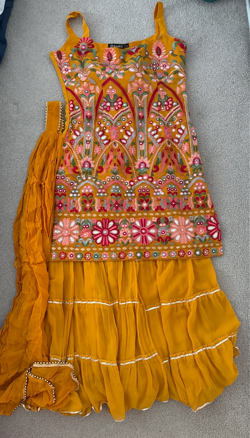 Koskil Women's Yellow Embroidered sharara suit and Dupatta