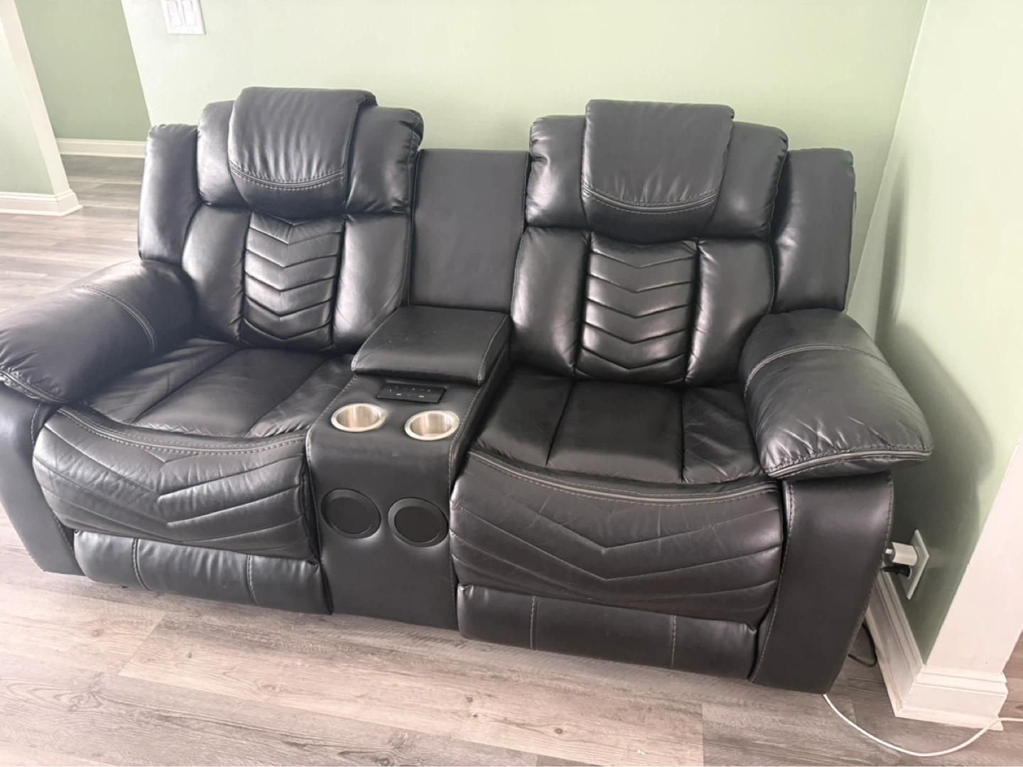 Black Leather Reclining Sofa with Cup Holders
