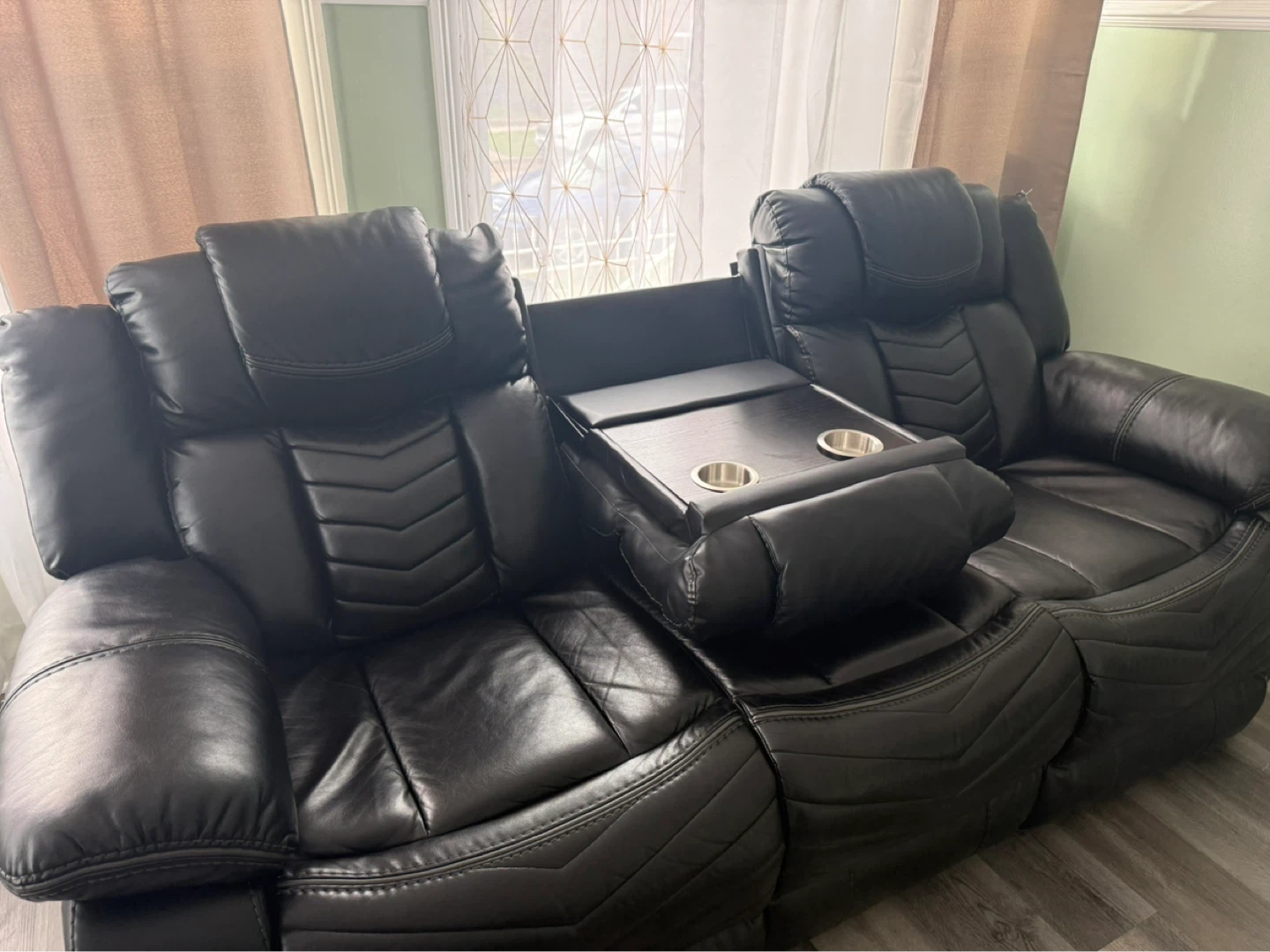 Black Leather Reclining Sofa with Cup Holders - photo 2