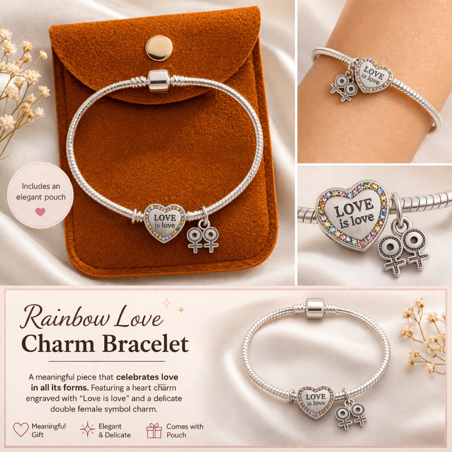 Rainbow Love Charm Bracelet with Double Female Symbol Charm