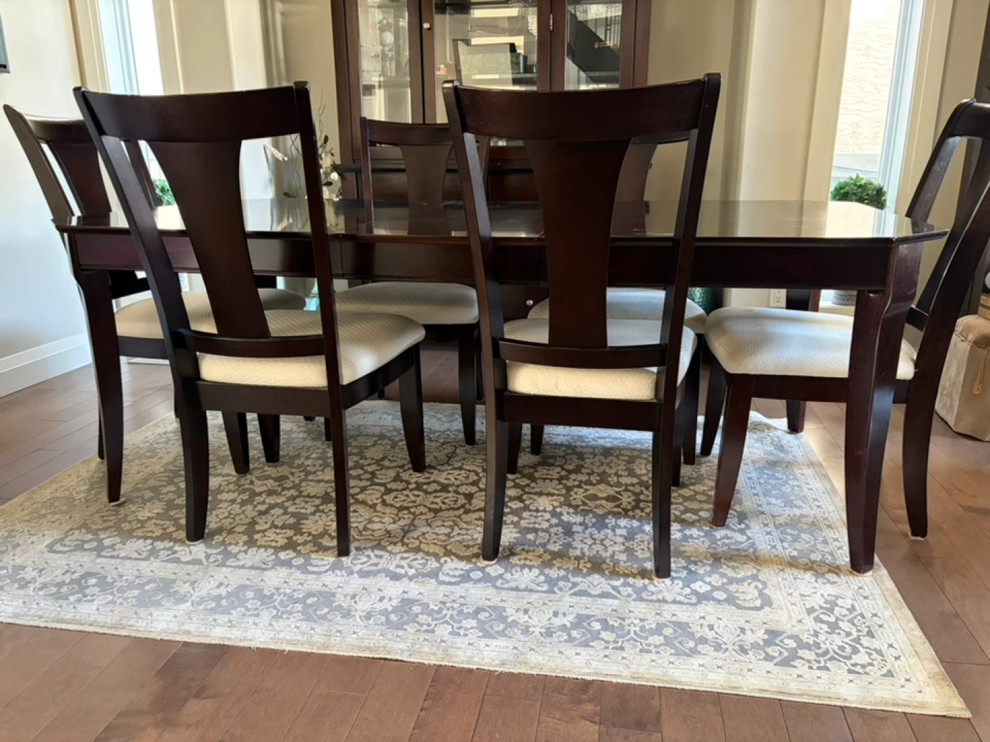 Wood Dining Table and 6 Chairs Set with hutch