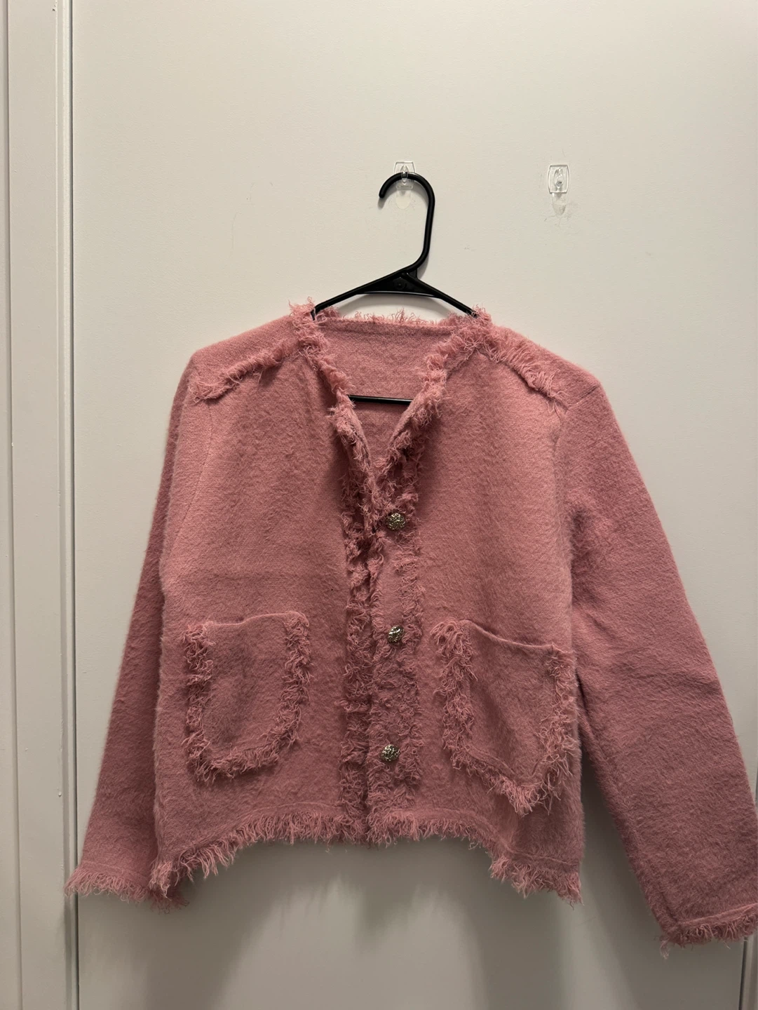 Pink Boucle Cardigan with Frayed Edges