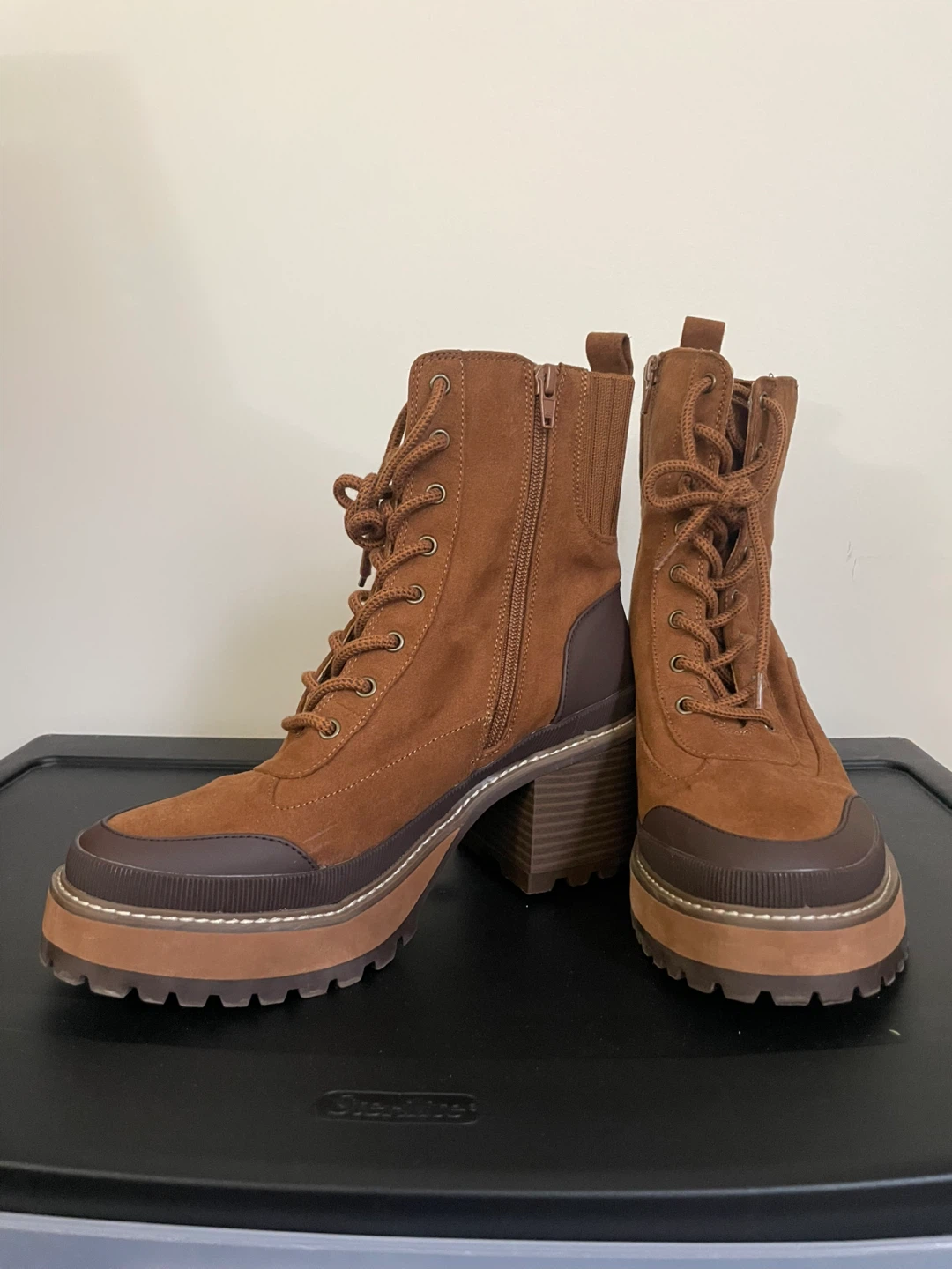 Brown Lace-Up Chunky Heel Combat Boots