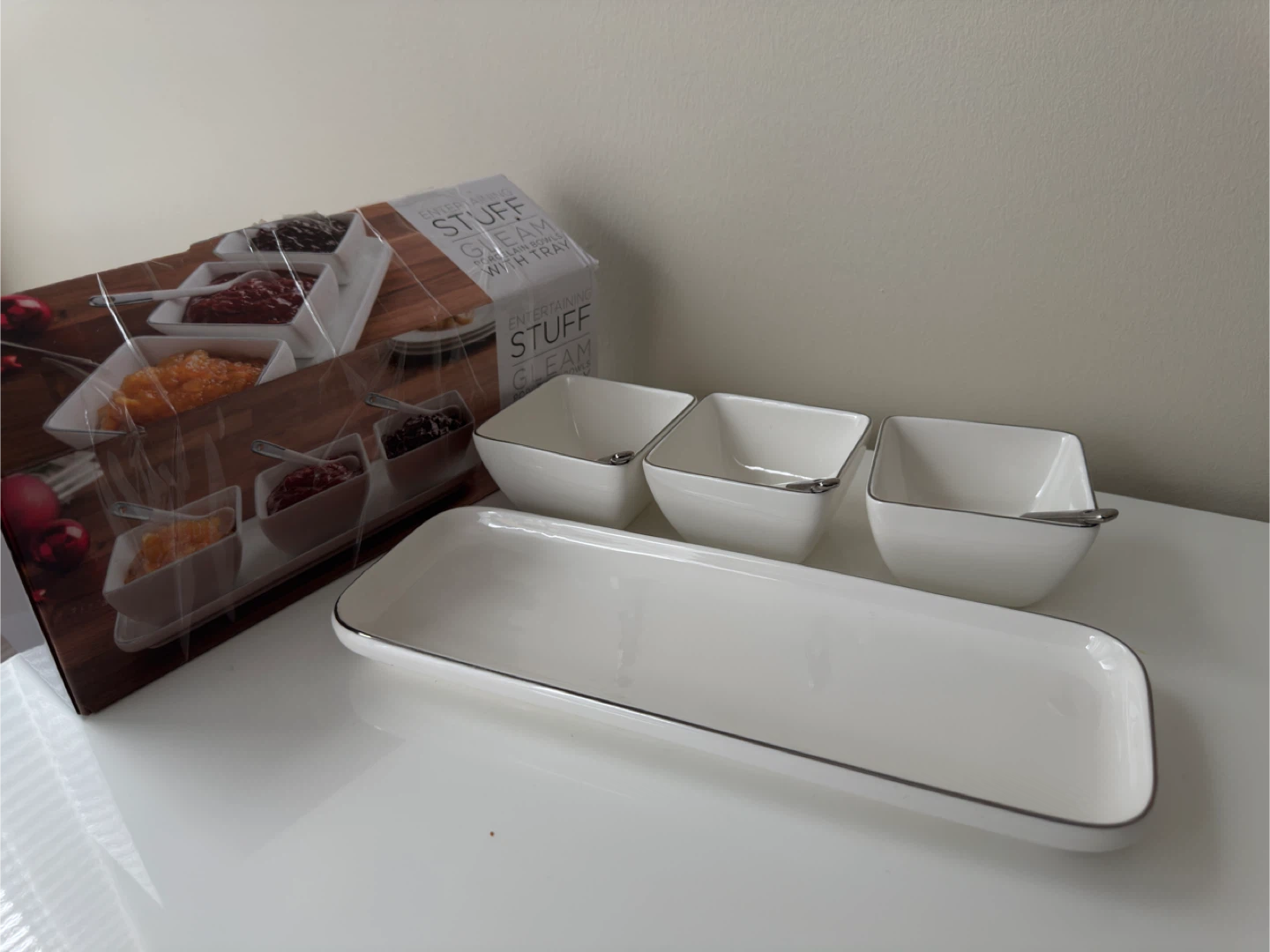 White 3-Piece Snack Bowl Set with Tray and Spoons - photo 4