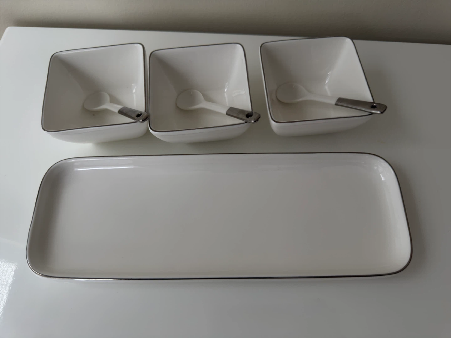 White 3-Piece Snack Bowl Set with Tray and Spoons - photo 3