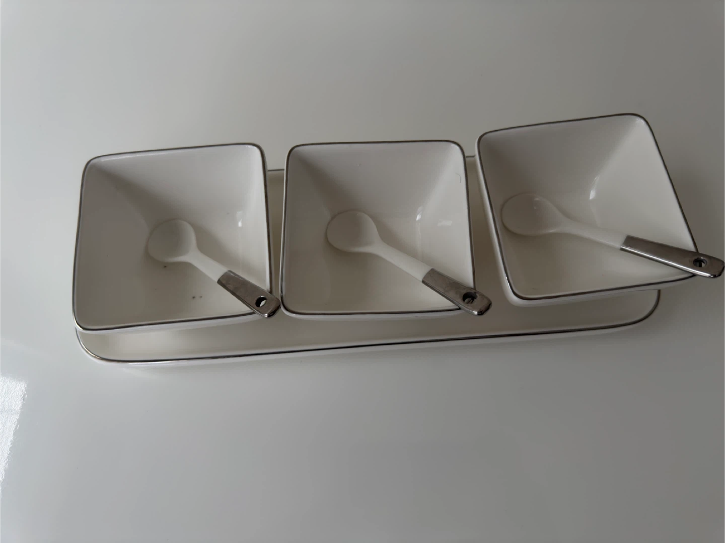 White 3-Piece Snack Bowl Set with Tray and Spoons - photo 2