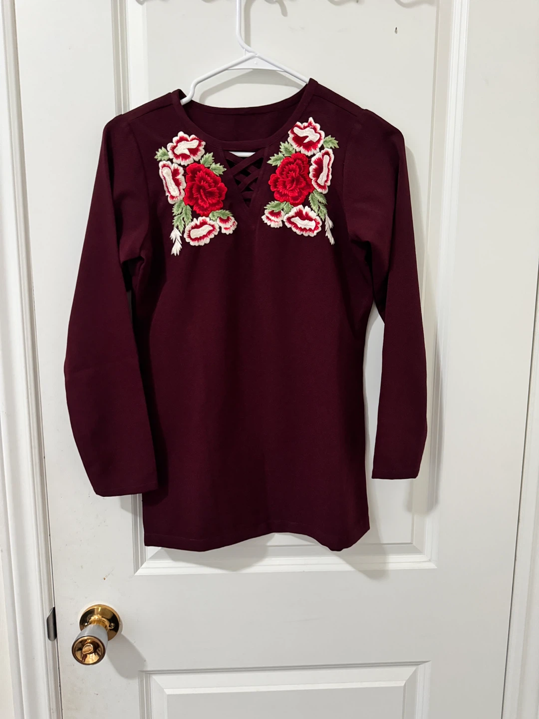 Maroon Long Sleeve Top with Floral Embroidery