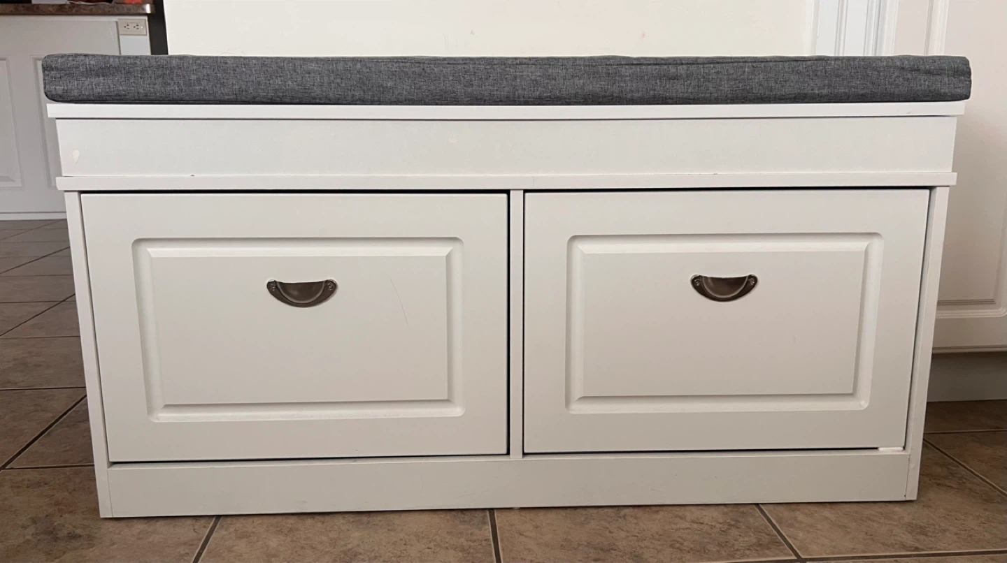 White Entryway Storage Bench with Grey Cushion