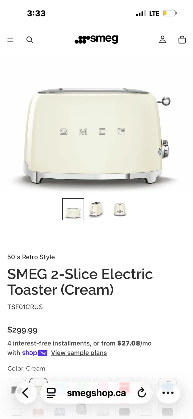 Brand new SMEG 2-Slice Electric Toaster (Cream)