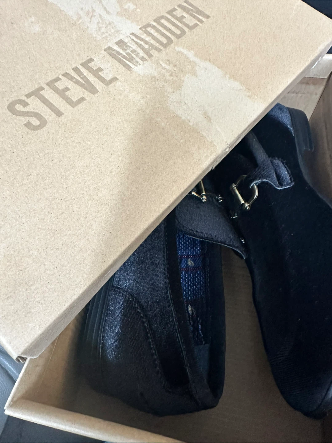 Steve Madden Black Velvet Loafers with Gold Buckle - photo 2