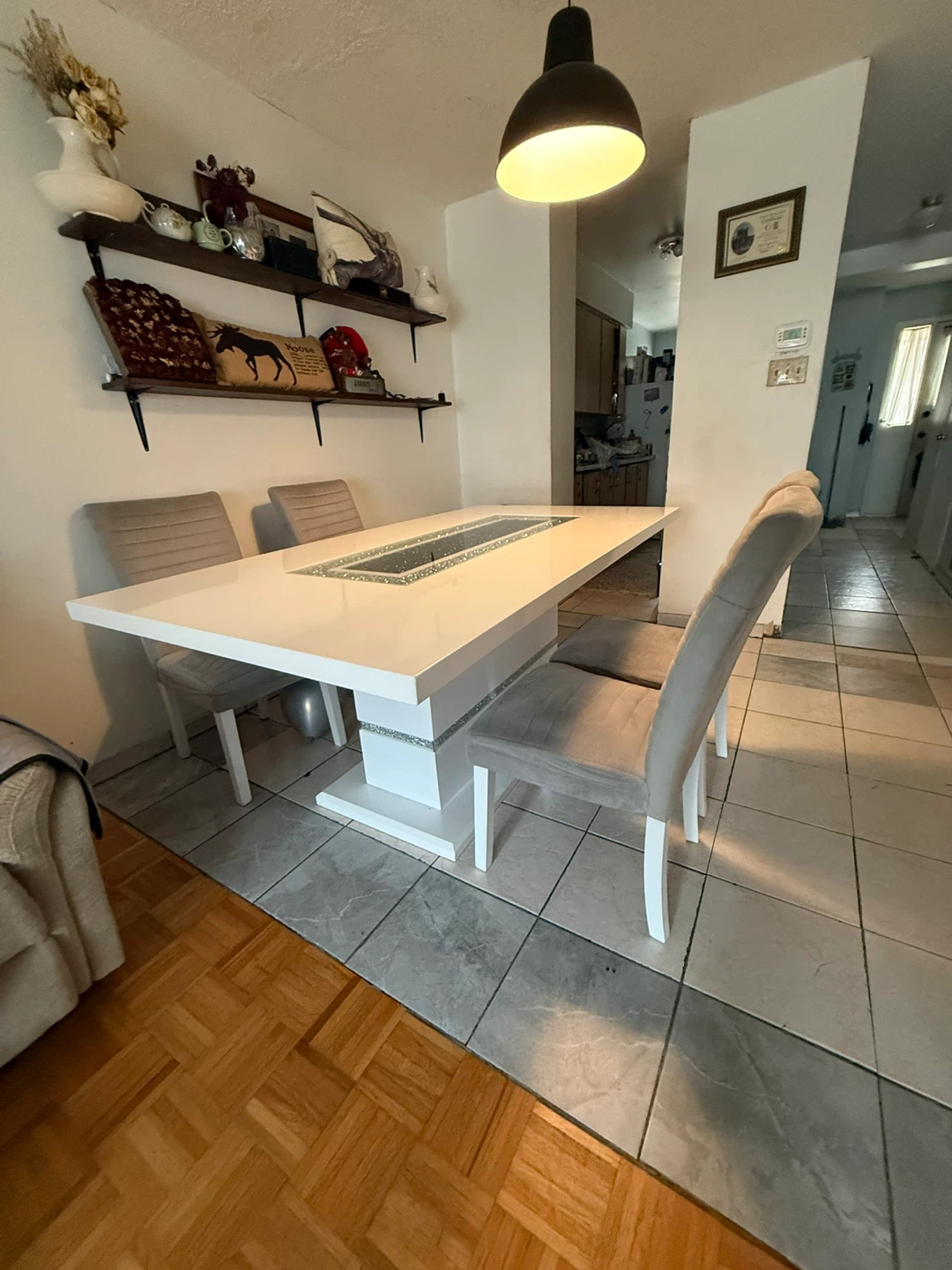 Modern White Dining Table with Crushed Diamond Inlay