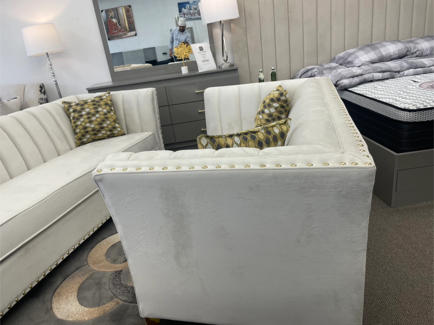 Cream Velvet Sectional Sofa with Gold Accents - photo 2