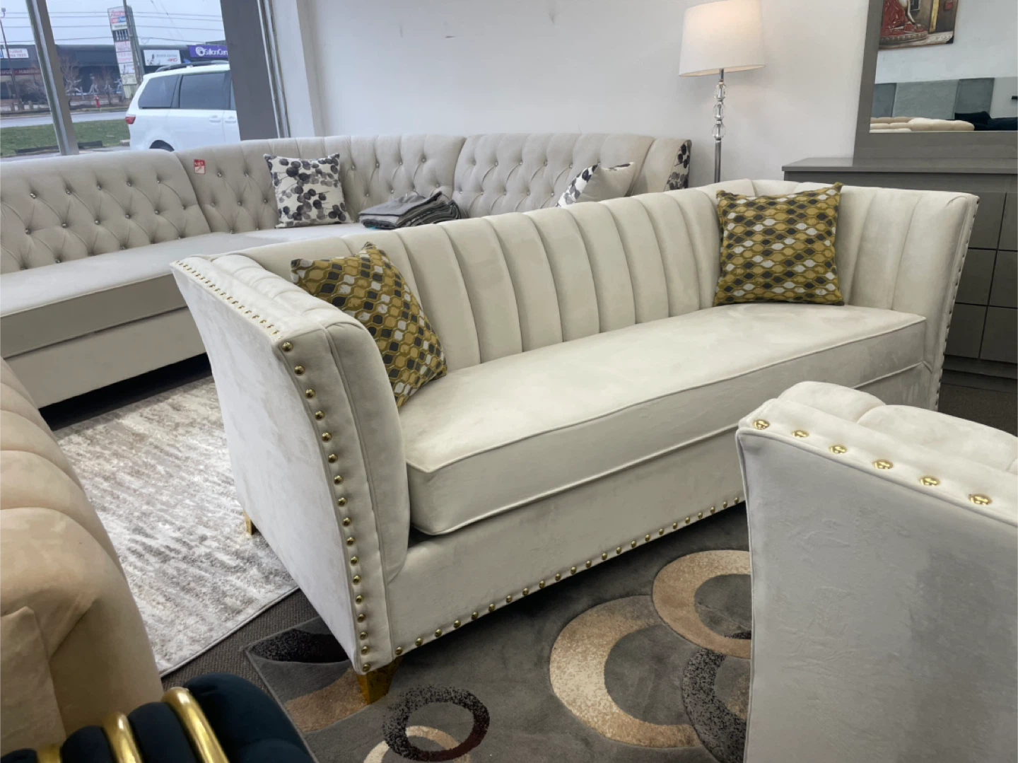 Cream Velvet Sectional Sofa with Gold Accents - photo 3