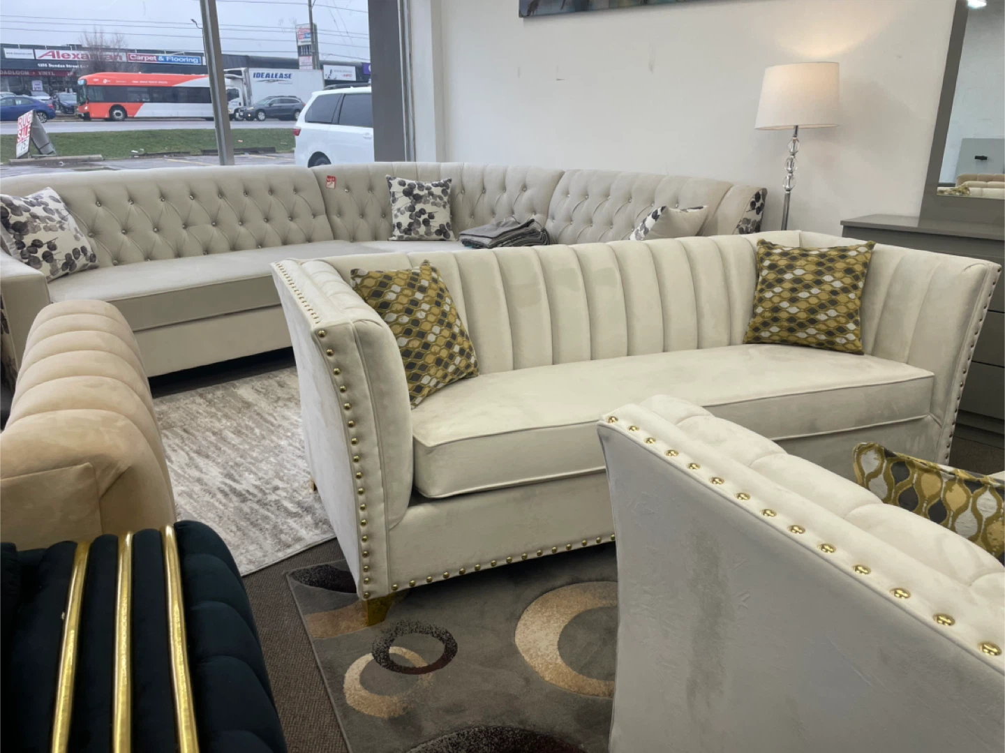 Cream Velvet Sectional Sofa with Gold Accents - photo 5