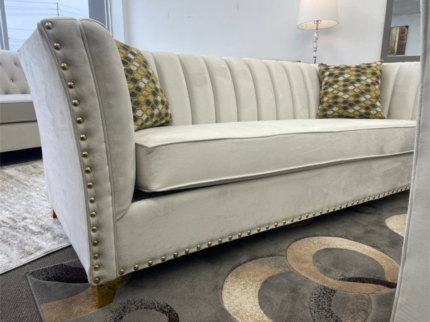Cream Velvet Sectional Sofa with Gold Accents