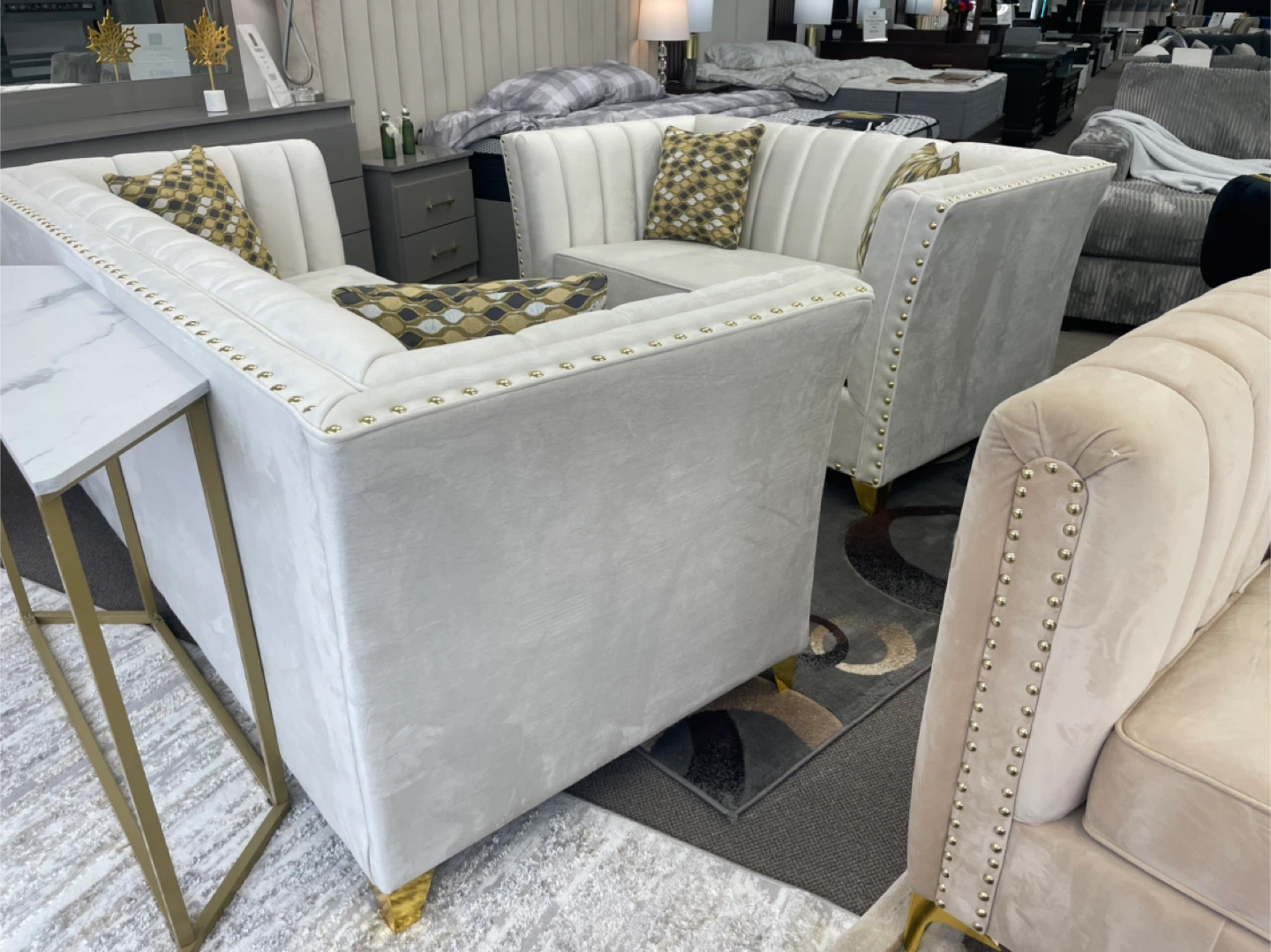 Cream Velvet Sectional Sofa with Gold Accents - photo 4