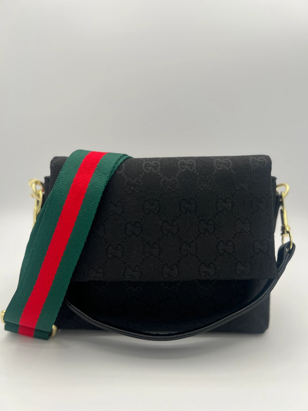 Gucci Monogram Crossbody Bag with Red and Green Stripe Strap