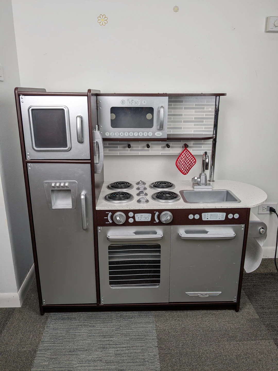 Wooden Play Kitchen with Refrigerator, Microwave, and Oven