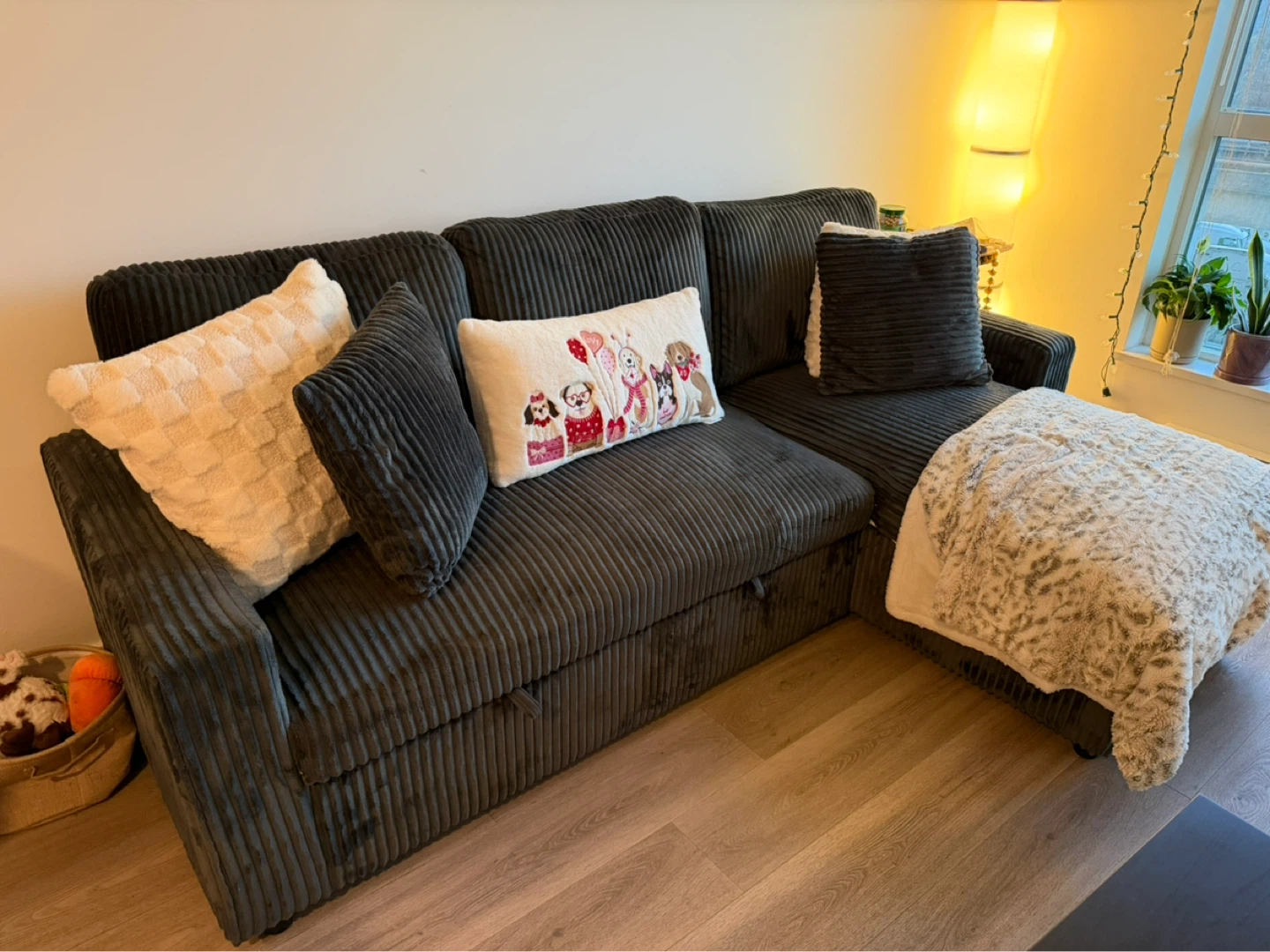 Grey Corduroy Sofa Bed with Storage Chaise