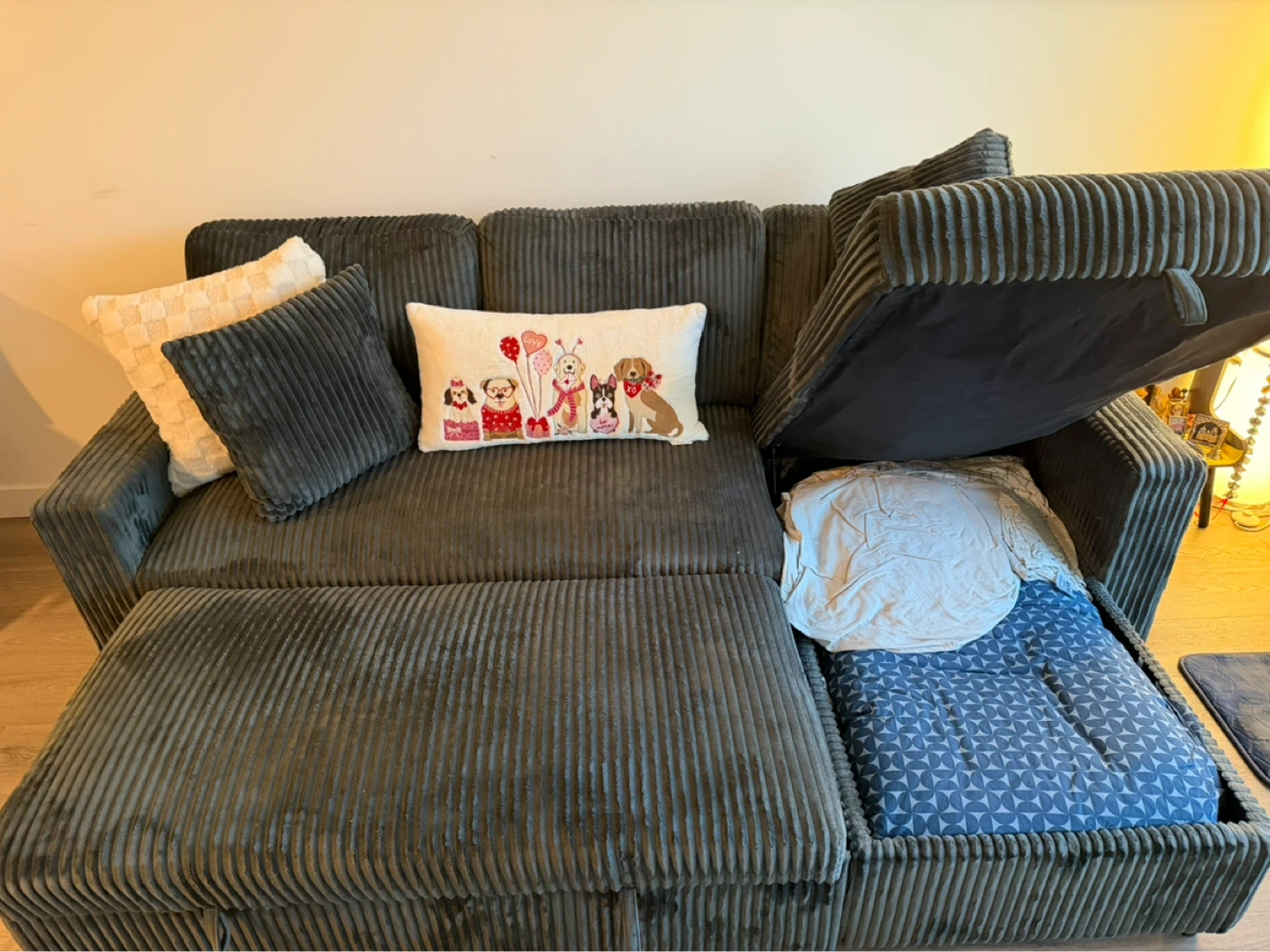 Grey Corduroy Sofa Bed with Storage Chaise - photo 4