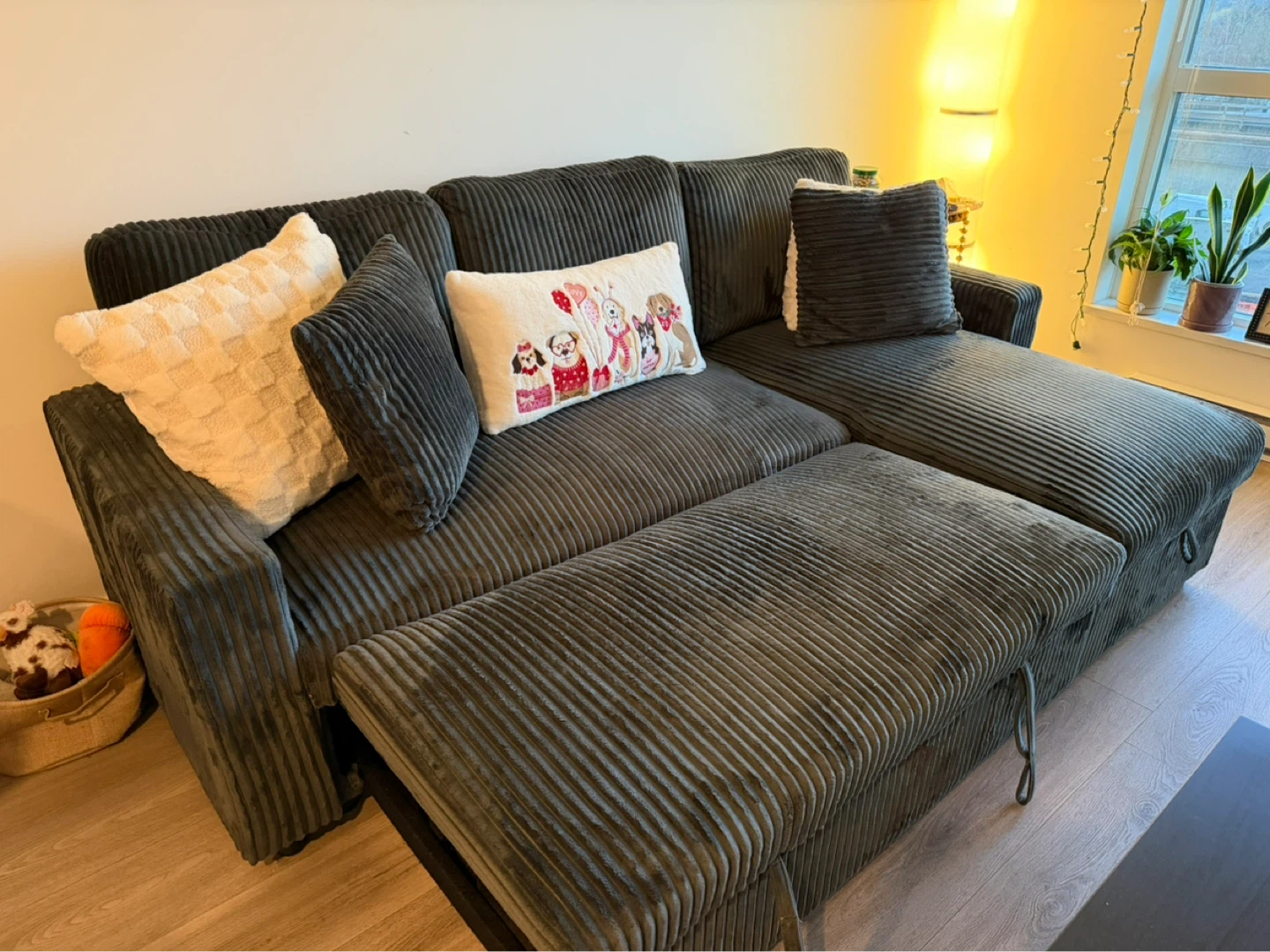 Grey Corduroy Sofa Bed with Storage Chaise - photo 3