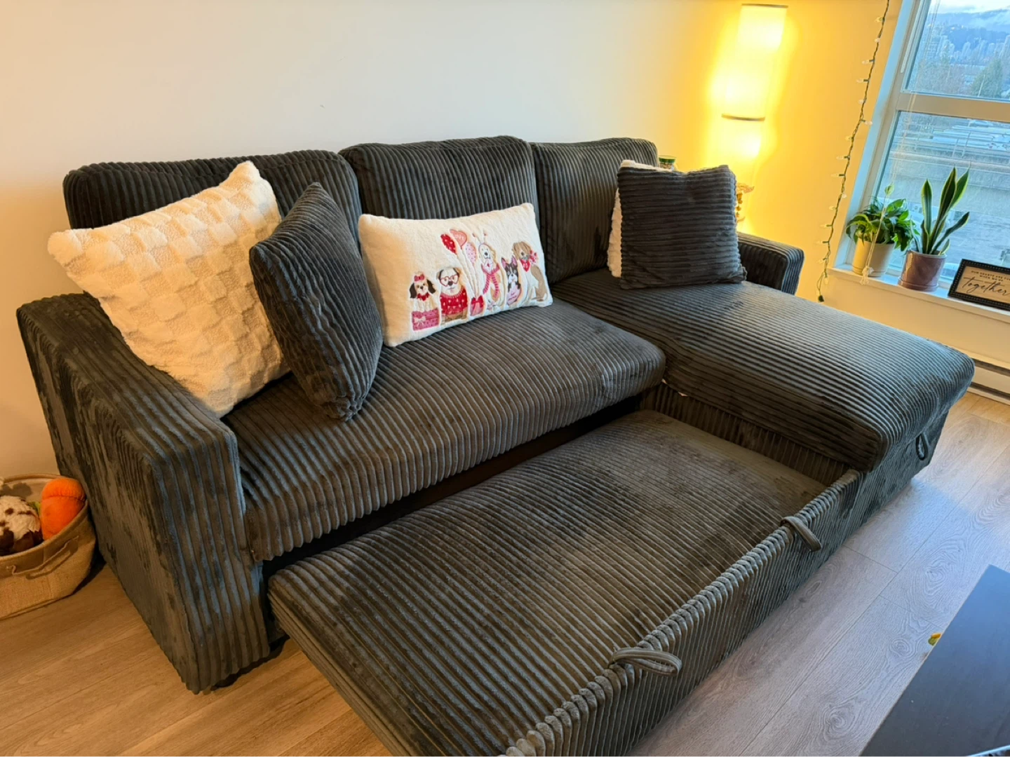 Grey Corduroy Sofa Bed with Storage Chaise - photo 2