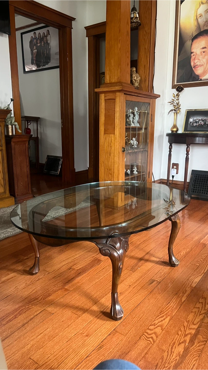 Oval Glass Top Coffee Table with Wood Legs