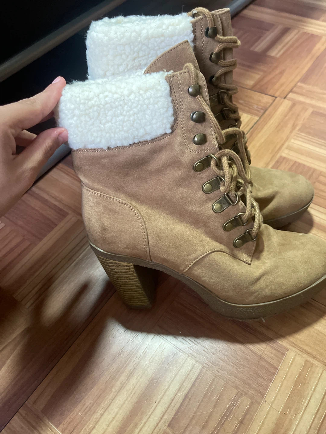 Women's Tan Faux Suede Lace-Up Heeled Boots with Sherpa Lining - photo 2