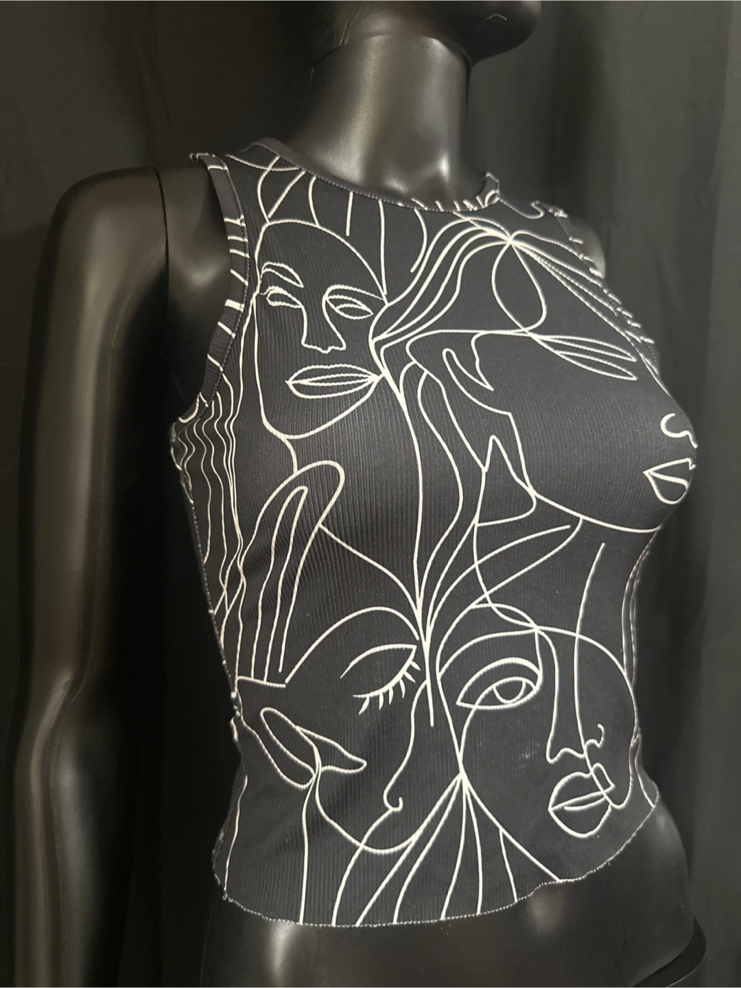 Black & White Abstract Face Print Ribbed Tank Top